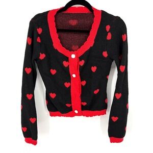 Womens Black Red Heart Pattern Cardigan Sweater Button Front Long Sleeve